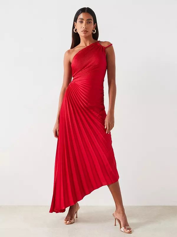 Mango Asymmetrical Pleated Maxi Dress - Red | Very (UK)