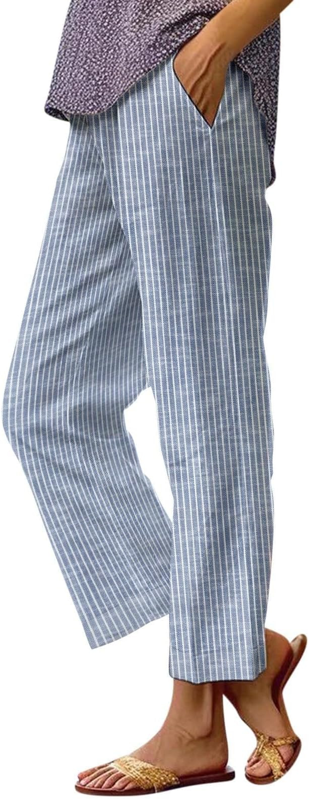 Striped Linen Pants Women Elastic Waist Summer Boho Vacation Beach Pants Lightweight Cropped Stra... | Amazon (US)