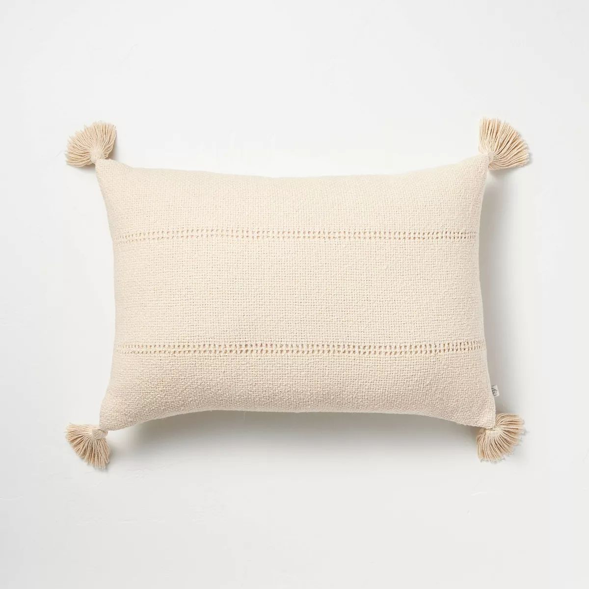 14"x20" Hem Stitch Stripe Lumbar Throw Pillow with Tassels Tan - Hearth & Hand™ with Magnolia | Target