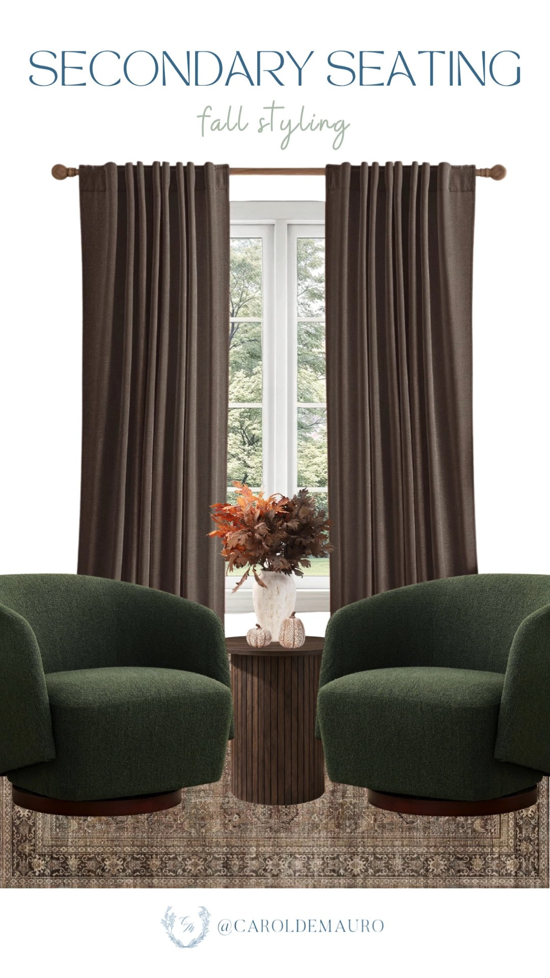 Rich green velvet chairs and brown curtains bring so much warmth to a secondary seating area this fall. A cozy little nook worth lingering in.

secondary seating ideas, green velvet chairs, fall living room decor, accent chair styling, cozy reading nook, fall home refresh, swivel chair decor

#LTKHome #LTKSeasonal