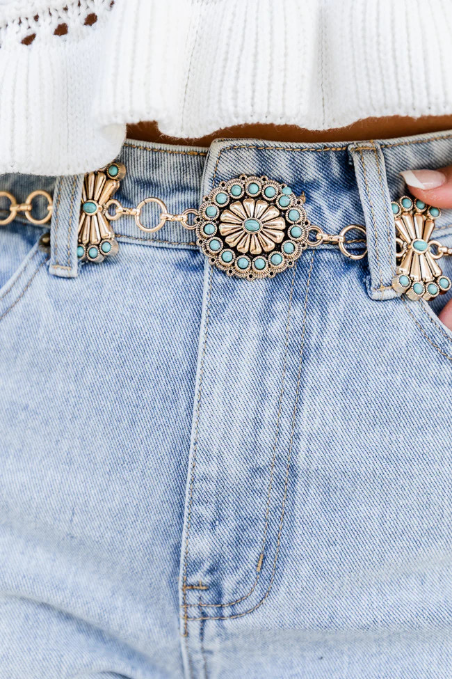 Take The Reins Turquoise Concho Disc Western Chain Belt | Pink Lily