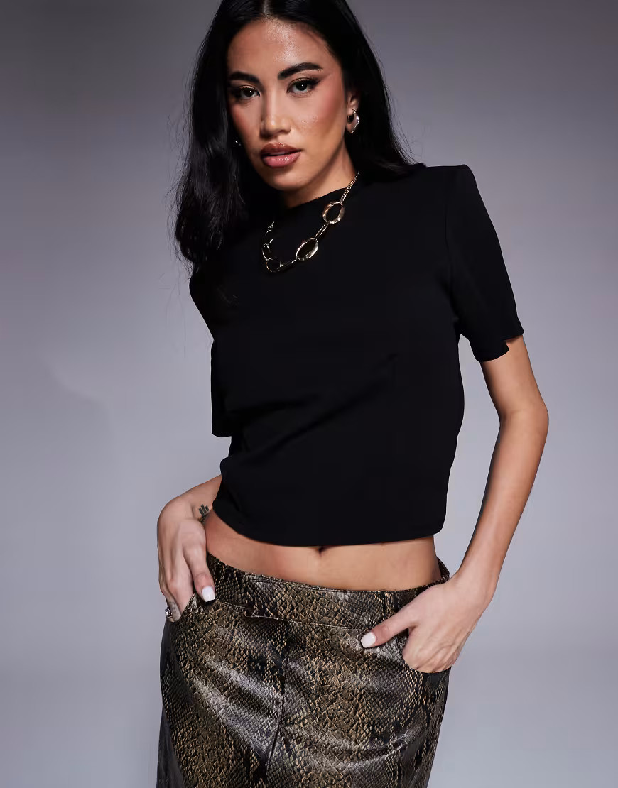 ASOS DESIGN structured dart detail top with shoulder pads in black | ASOS (Global)