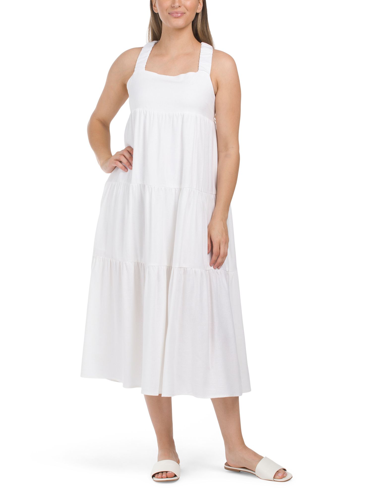 Linen Blend Tiered Dress With Bungee Straps | Marshalls