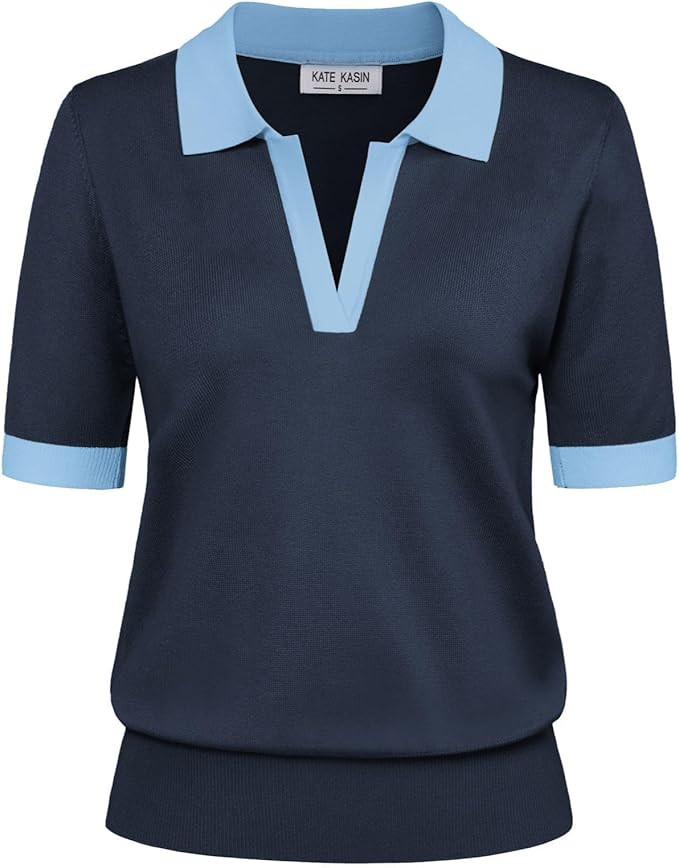 Women's Short Sleeve Classic V Neck Collared Casual Polo Sweater Tops | Amazon (US)