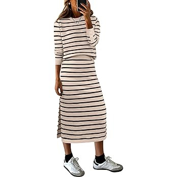 ANRABESS Women 2 Piece Outfits Striped Sweater Skirt Sets 2025 Fall Casual Long Sleeve Pullover T... | Amazon (US)