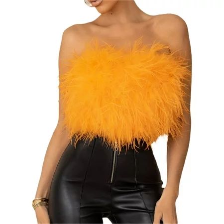 Asashitenel Women s Summer Furry Feathers Tube Tops Sexy Sleeveless Off Shoulder Crop Tank Tops Part | Walmart (US)