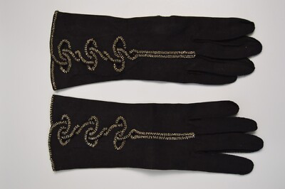 Vintage Black Nylon Evening Gloves Silver Bead Swirls Embroidered MCM Fashion | eBay US