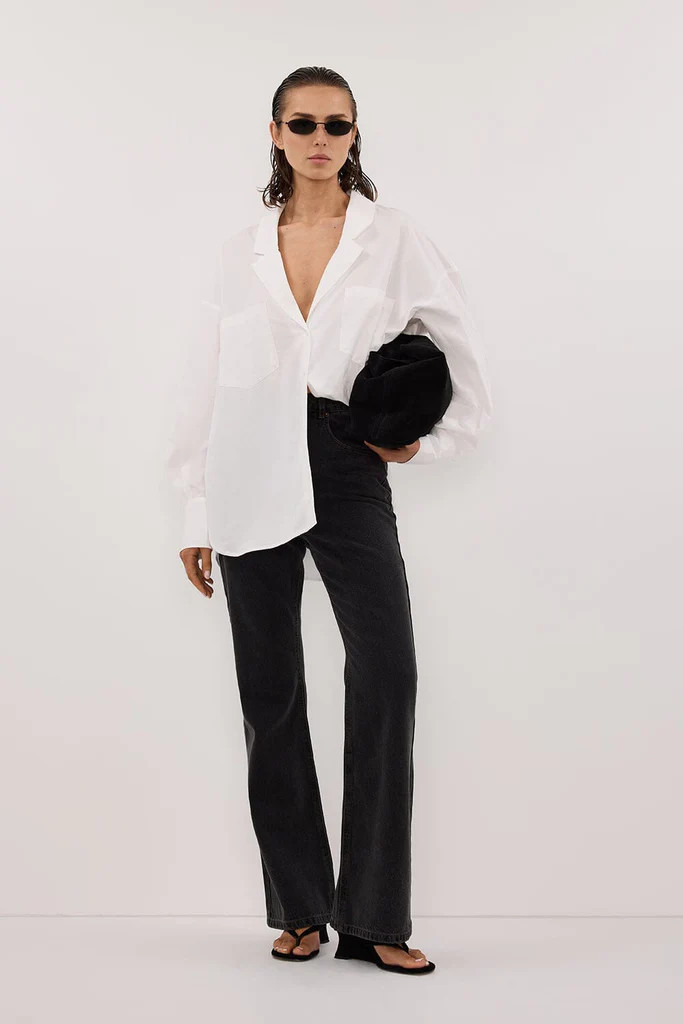 IRENE WHITE LONG SLEEVE NOTCH COLLAR SHIRT | DISSH