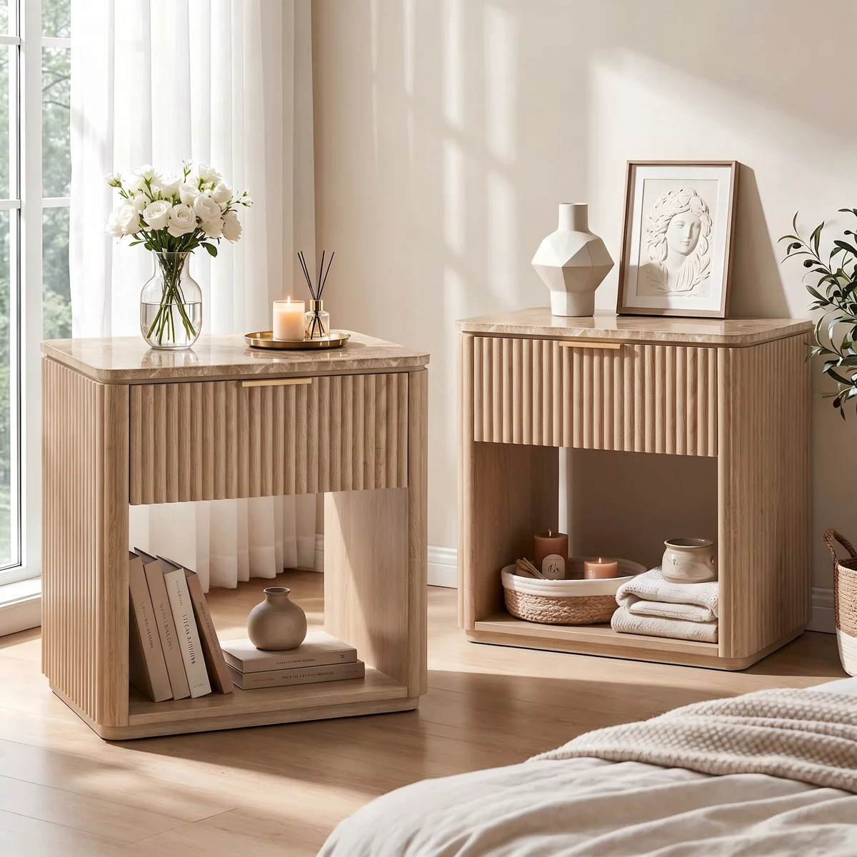 Fluted Nightstand Set of 2 With Faux Marble Top & 2" Thick Panels, 3-Sided Fluted Bedside Table R... | Wayfair North America