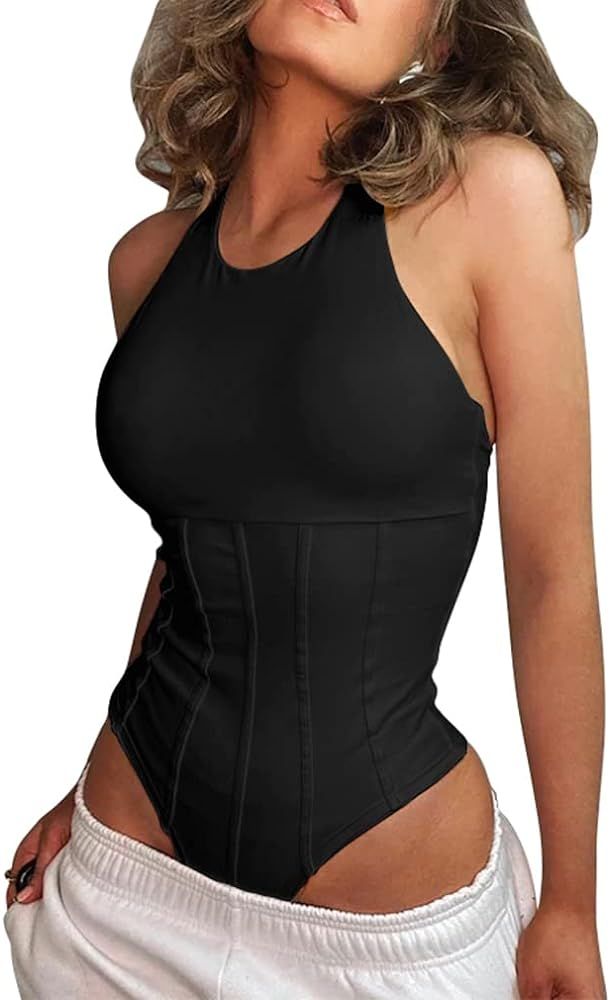 DAAWENXI Women Sexy Bodycon Sleeveless Round Neck Back Cross Casual Tops Basic Bodysuits | Amazon (US)