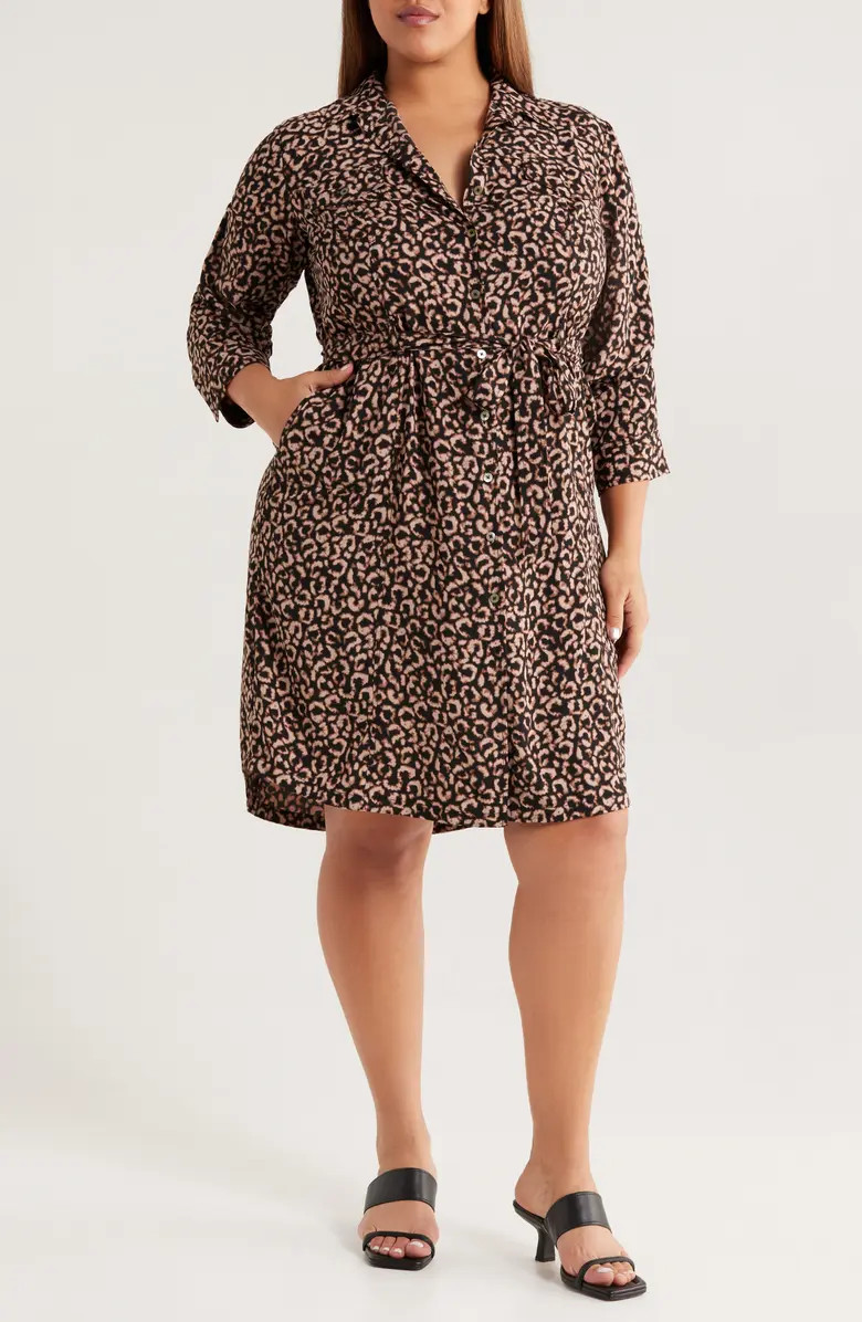 NIC+ZOE Abstract Animal Print Ruched Sleeve Trench Shirtdress | Nordstrom | Nordstrom