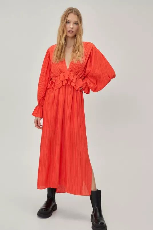 Ruffle Plunging Pleated Maxi Dress | Nasty Gal (US)