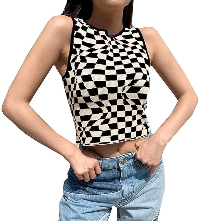 Women's Plaid Printed Sleeveless O Neck Camisole Harajuku Vintage Knitted Cropped Tank Top | Amazon (US)