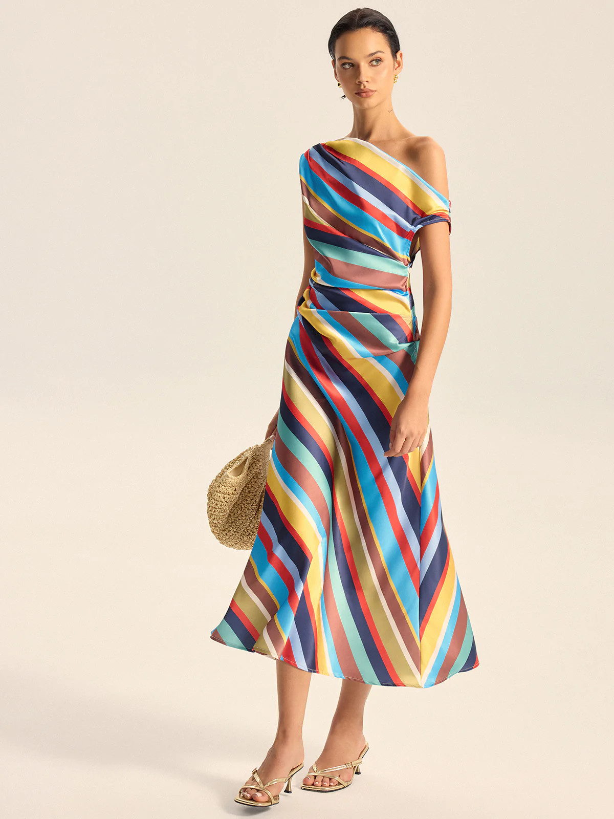 Colorful Striped One-Shoulder Maxi Dress | Commense