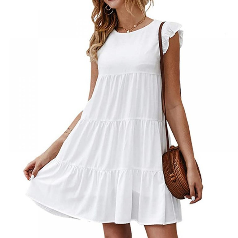 Women's Summer Sleeveless Ruffle Sleeve Crew Neck Mini Dress Casual Loose Flowy Plaid Pleated Dre... | Walmart (US)