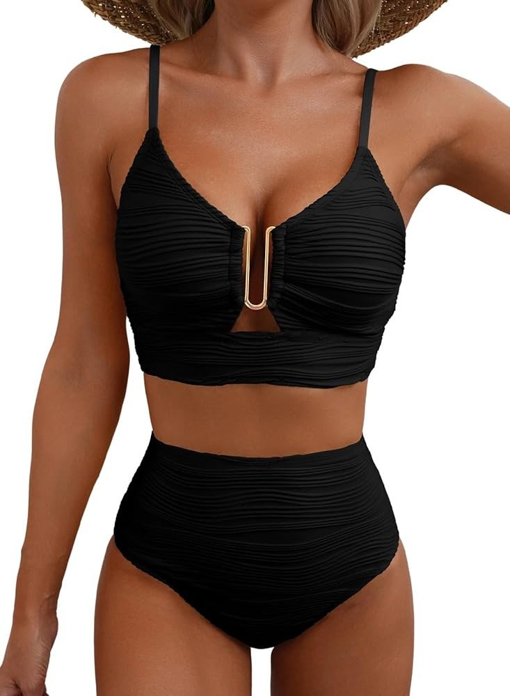 Herseas 2 Piece Bikini Set U-Wire Cutout Popular Swimsuit High Waisted Textured 2026 Summer Beach... | Amazon (US)