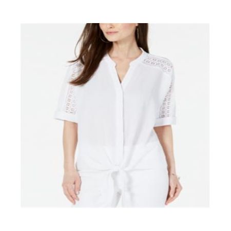 Alfani Women s Lace Inset Tie Front Top White Size Petite S | Walmart (US)