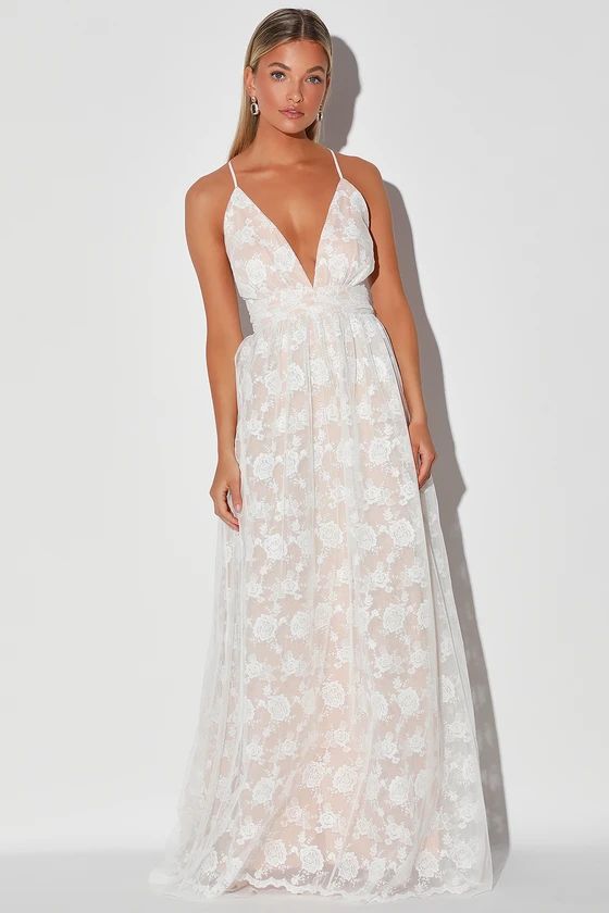 Ivywood White and Beige Embroidered Lace Backless Maxi Dress | Lulus (US)