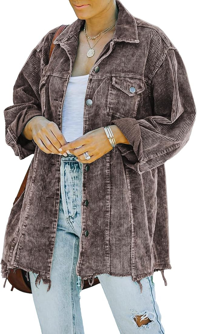 Hixiaohe Women's Casual Oversized Button Down Corduroy Shirt Jacket Coat Washed Retro Shacket | Amazon (US)