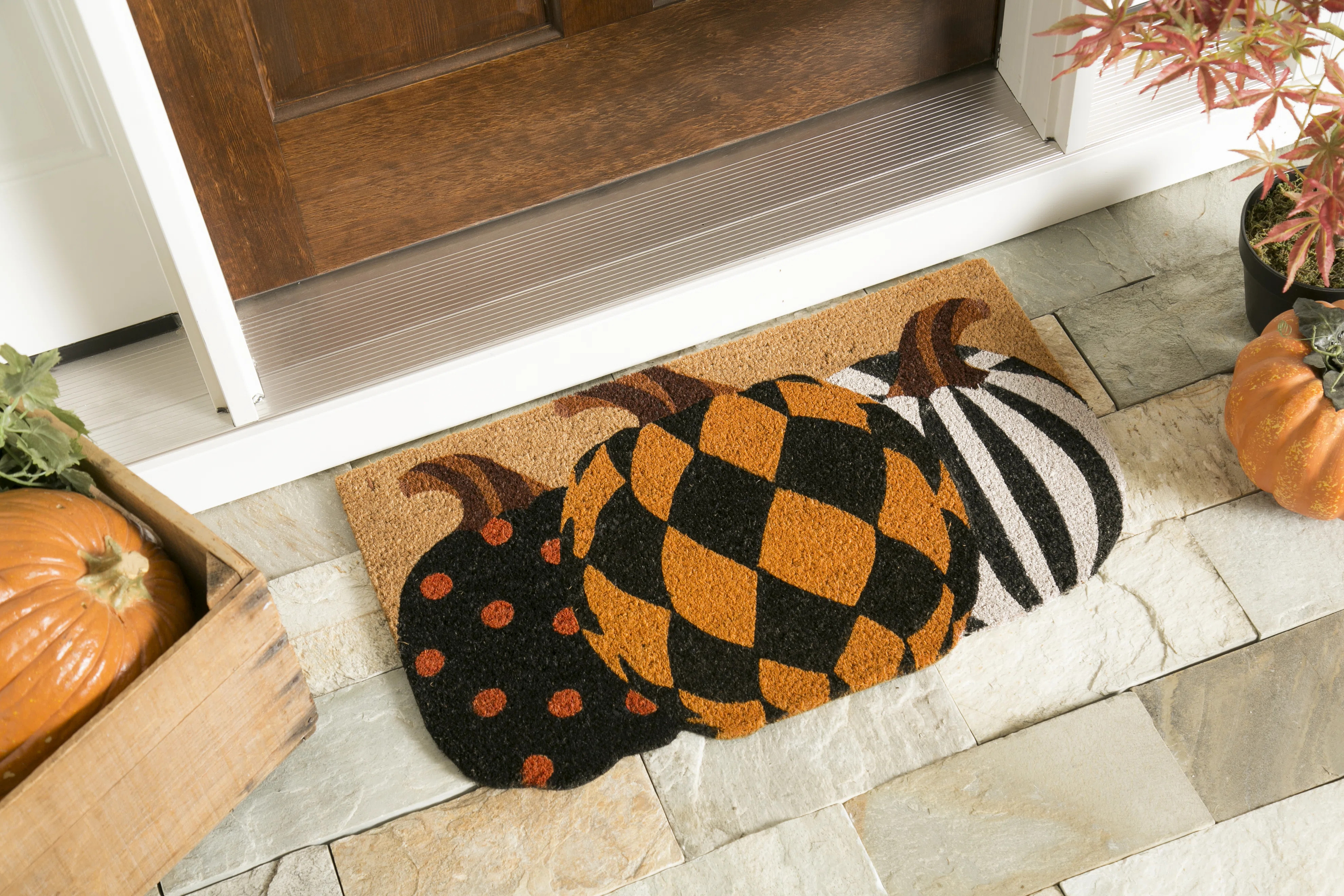 Laurel Foundry Modern Farmhouse® Honea 18" x 30" Harvest Pumpkins Shaped Outdoor Coir Doormat & ... | Wayfair North America