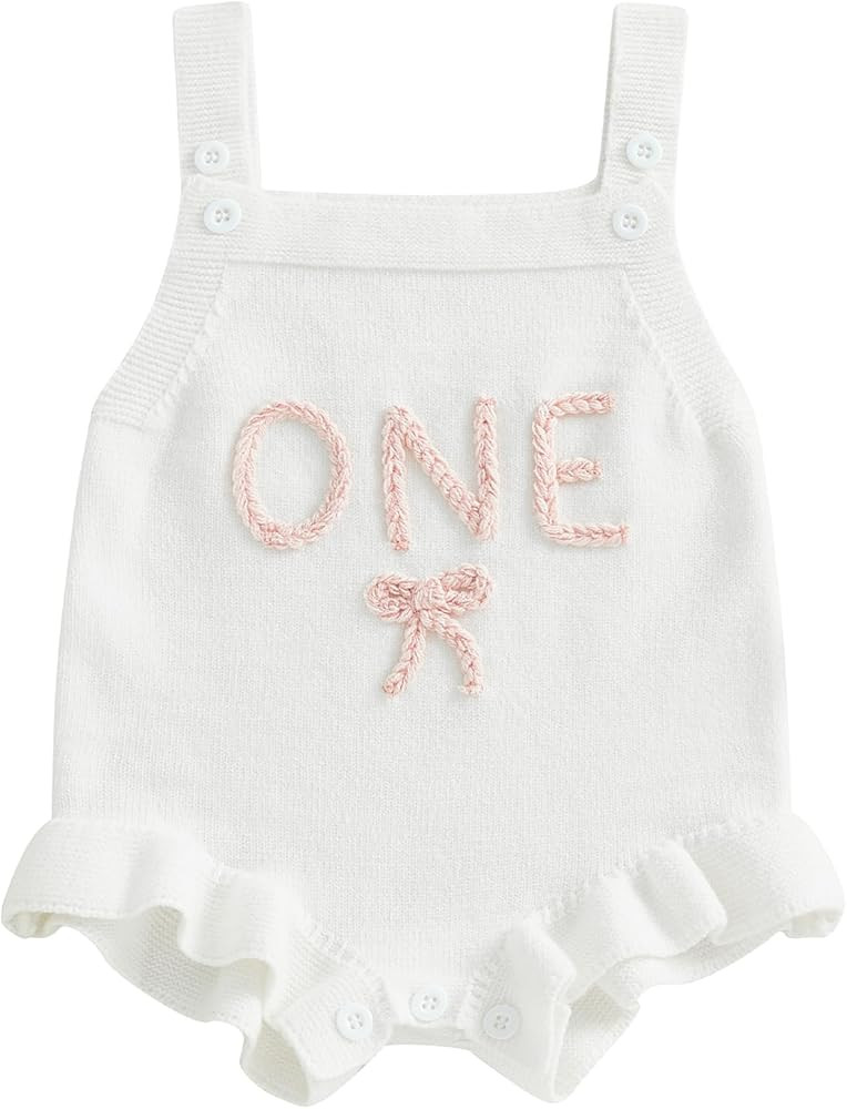 Sujhwsx Baby Girl Birthday Knit Overalls Sleeveless Square Neck Letter Bow Embroidery Sweater Rom... | Amazon (US)
