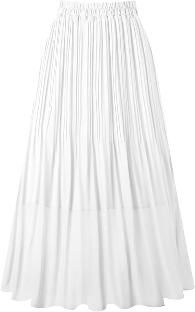 Kingfancy Women's Pleated Skirt Chiffon Elastic Waist A-Line Midi Length Skirt | Amazon (US)