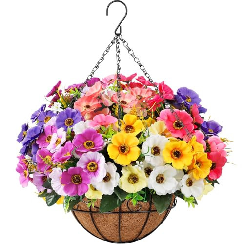 Ouddy Decor Artificial Hanging Flowers with Basket, Fake Silk Hanging Flowers in Coconut Lining Basket Faux Hanging Plants for Outdoor Indoor Spring Garden Porch Patio Balcony Home Decor, Multicolor | Amazon (US)