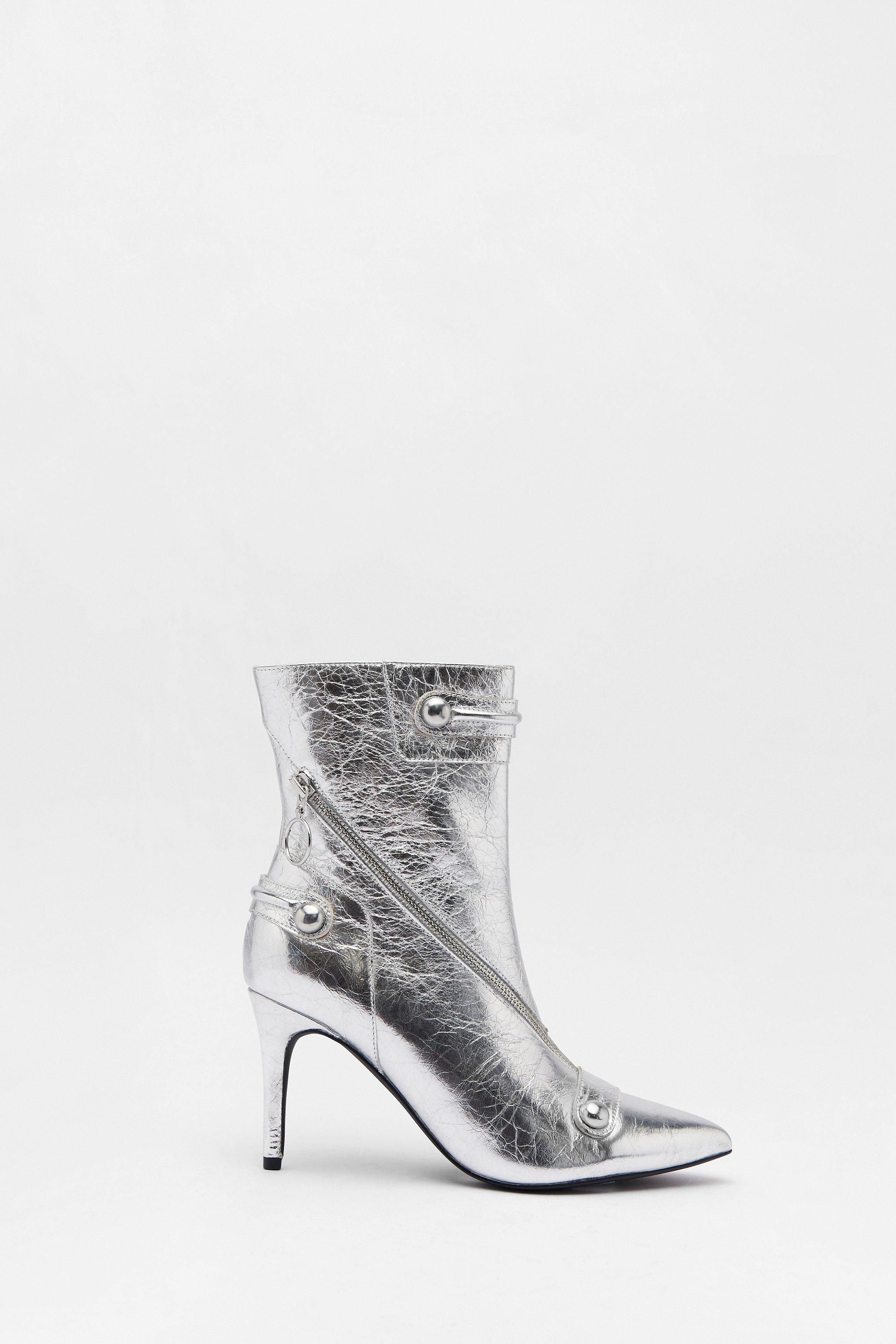 Boots | Leather Metallic Zip & Stud Pointed Toe Ankle Boots | Warehouse | Warehouse UK & IE