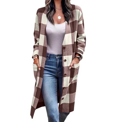 Womens Long Flannel Jacket Plaid Shacket Jacket Women Long Sleeve Lapel Button Down Shirt Tartan Casual Coat C-Brown | Amazon (US)