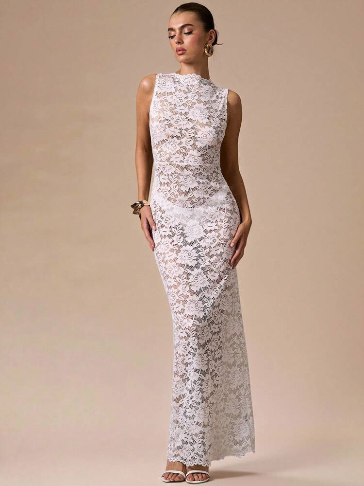 SHEIN BAE 1pc Women's Elegant White Floral Lace Dress,Long Mermaid Formal Occasion Dress,Autumn Fashion,Weddimg Guest,Old Money Party Cocktail Underdress | SHEIN