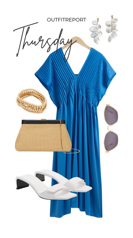 Blue maxi dress white sandals heels straw handbag gold bracelet 

#LTKstyletip #LTKsummer #LTKshoes