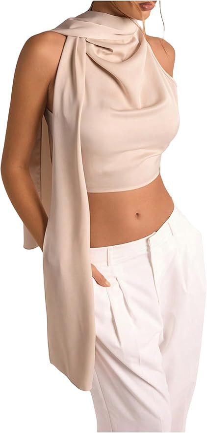 Verdusa Women's Drape Tie Neck Satin Blouse Sleeveless Crop Tops with Scarf | Amazon (US)