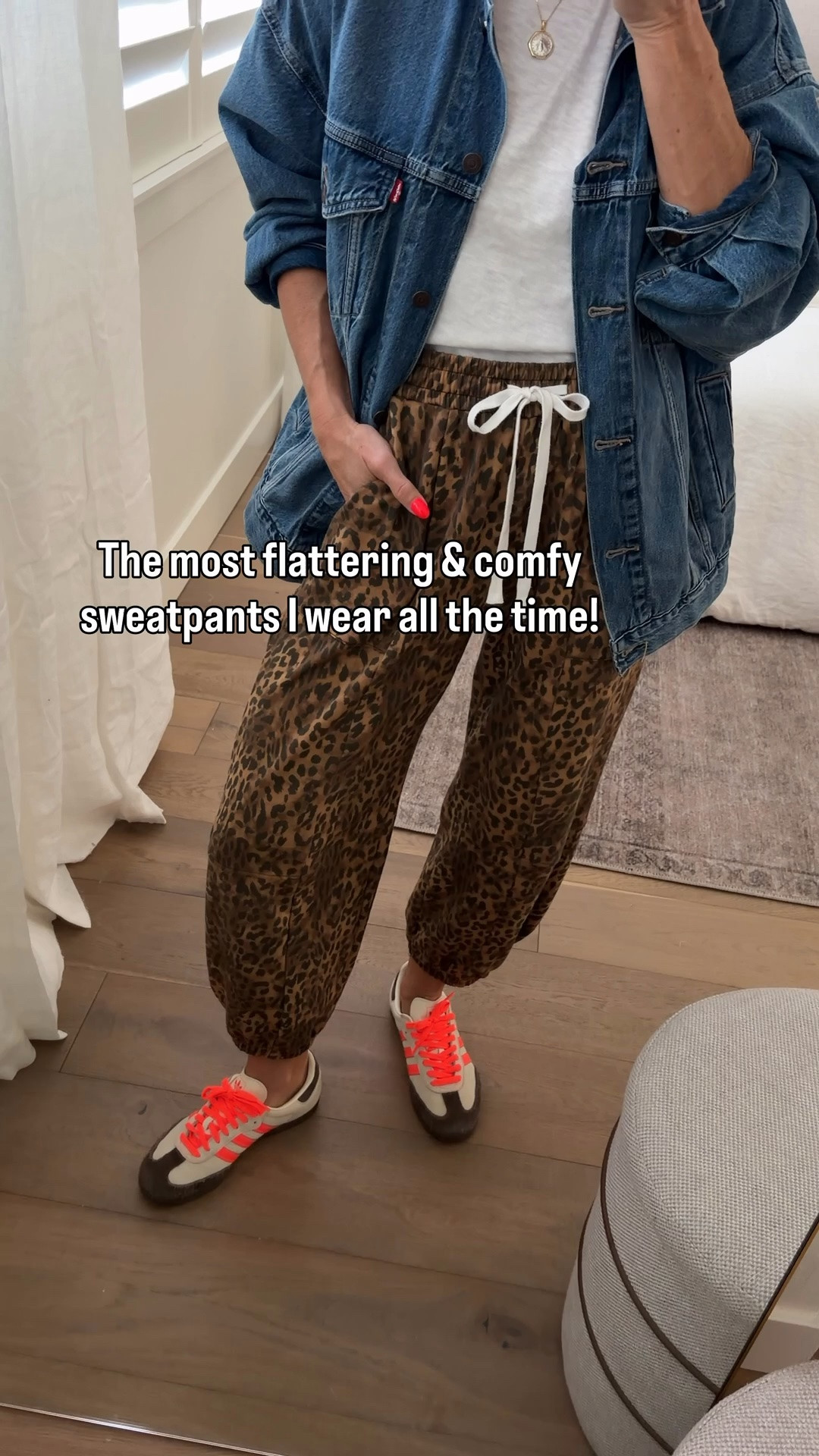 MOST-LOVED barrel sweatpants I reach for all the time. They have the most flattering fit, and come in tons of colors and prints.
Fits tts, wearing a medium 
Size down in denim jacket, 1/2 size down in adidas’s and white tee fits tts.

#LTKootd #LTKmomlife #LTKOver40