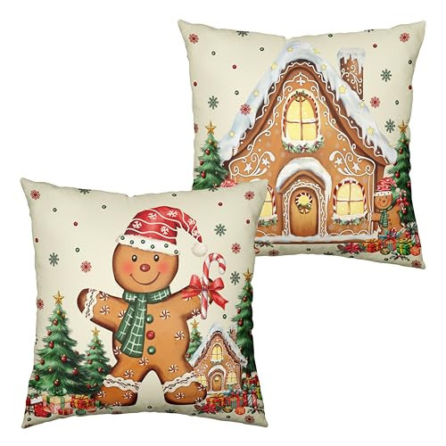 Kwlegh Christmas Gingerbread Man Pillow Covers Xmas Tree Gingerbread House Throw Pillow Covers 18x18 Set of 2 Winter Snowflakes Pillow Case for Holiday Decor Couch Living Room | Amazon (US)