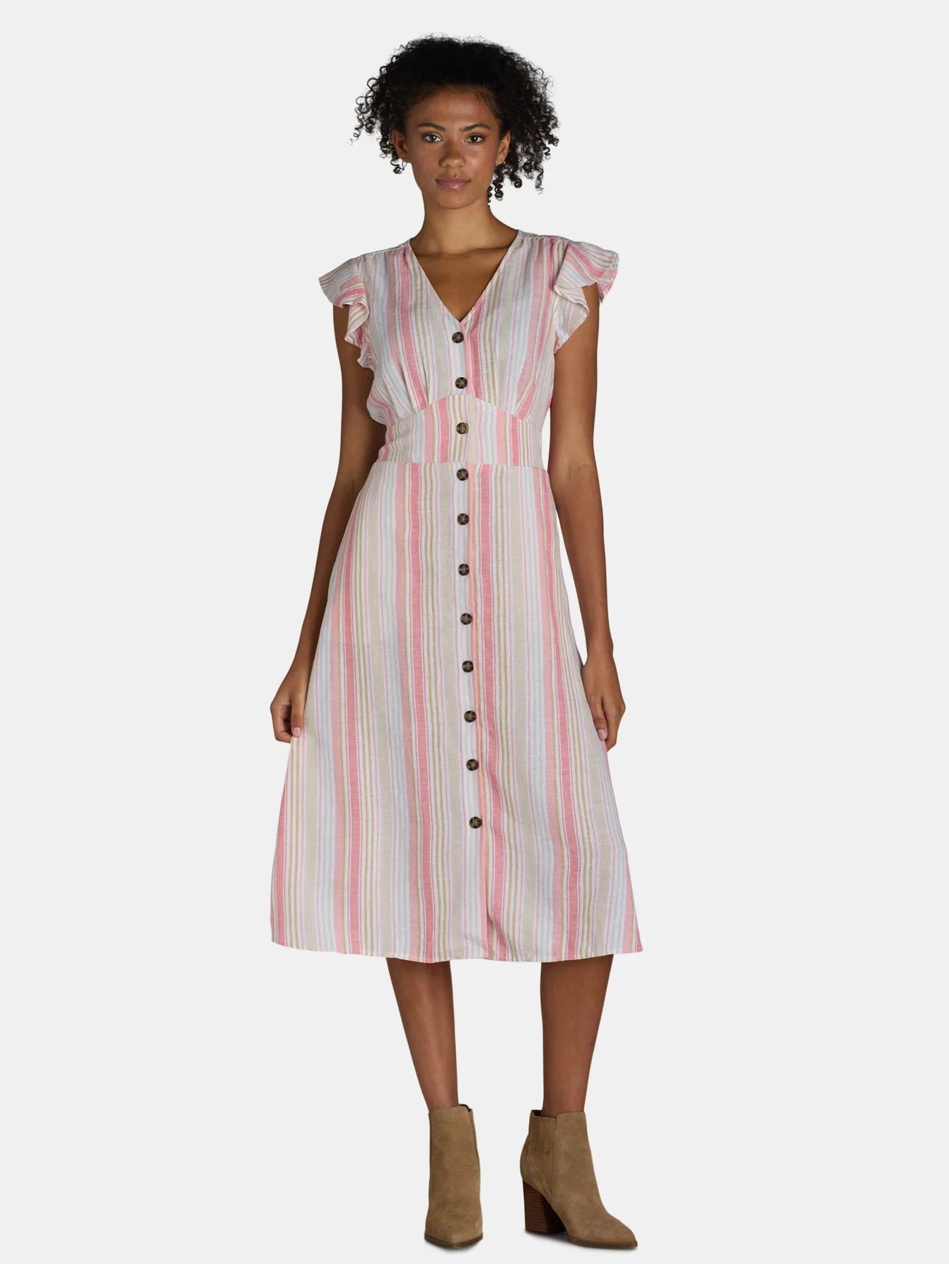 Time and Tru Women's and Women's Plus Midi Dress with Flutter Sleeves, Sizes XS-4X | Walmart (US)