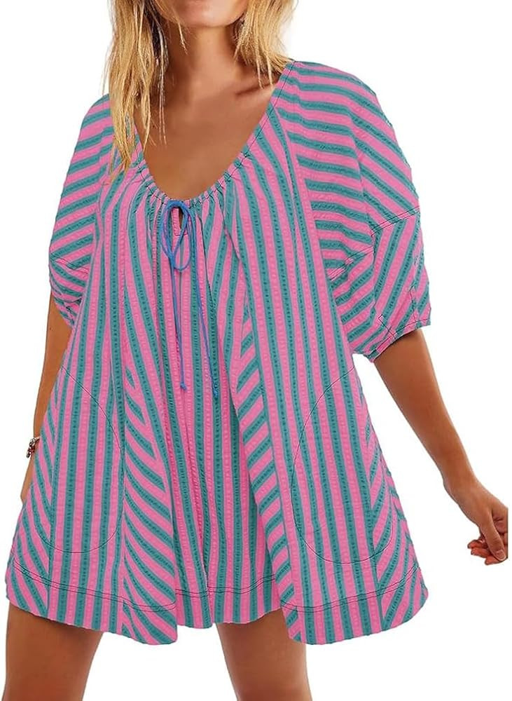 Women Striped Romper Summer Casual Scoop Neck Tie Up Puff Sleeve Oversized Jumpsuit Beach Outfits... | Amazon (US)