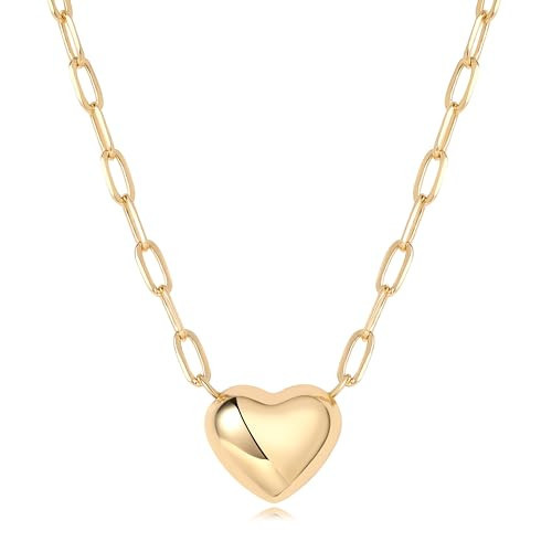 Gold Puffy Heart Necklace for Women Gold Plated Necklace Shiny Heart Pendent Necklace Paper Clip Chain Adjustable Stainless Steel Chain | Amazon (US)