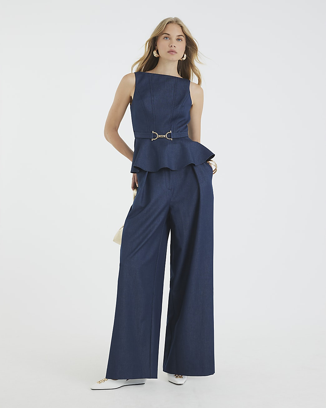 Blue Denim High Waisted Wide Leg Trousers | River Island UK & IE