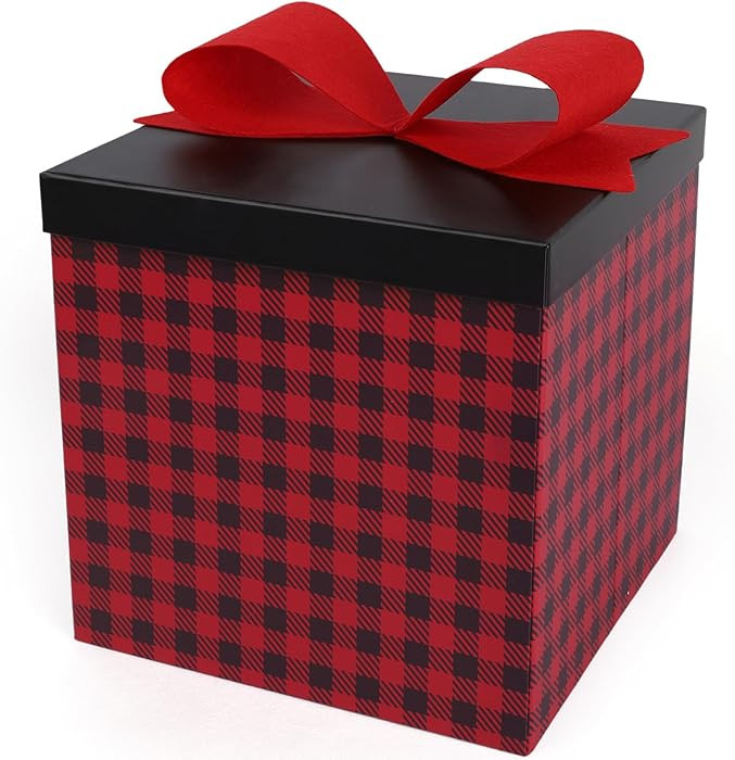 LaRibbons Large Christmas Gift Boxes with Lids,10x10x10 Inches Buffalo Plaid Design Folding Squar... | Amazon (US)
