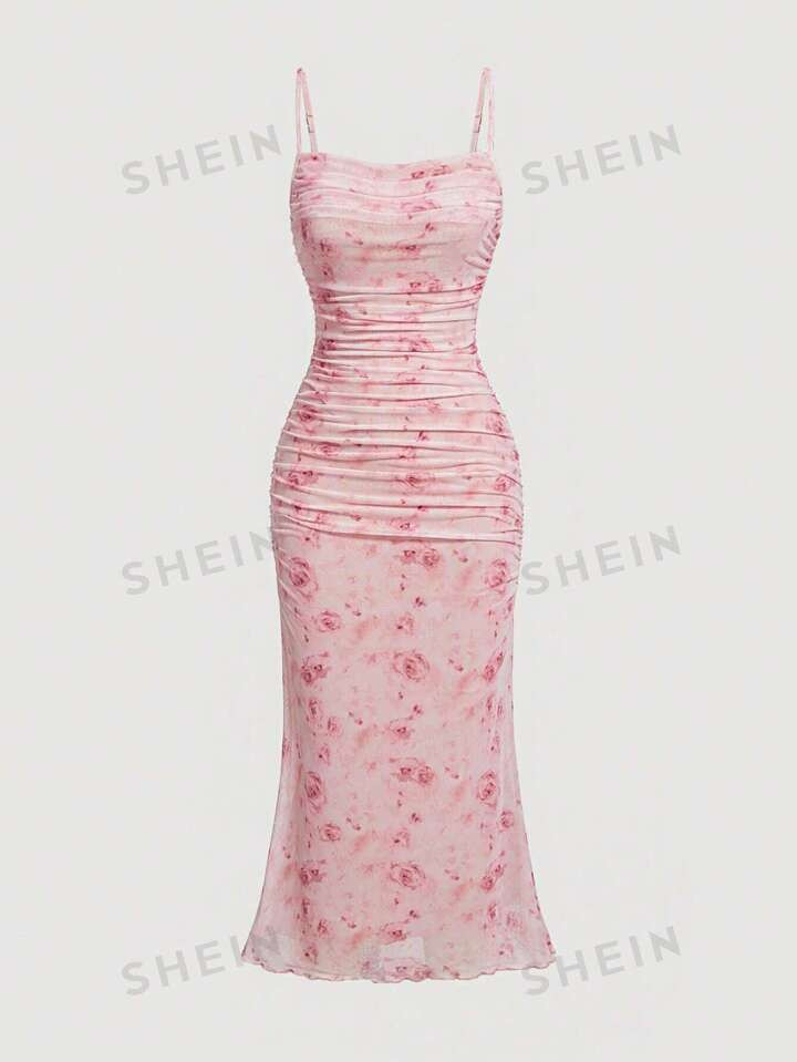SHEIN MOD Floral Print Ruched Lettuce Trim Mesh Slim Fit Valentine Day Pink Cami Dress | SHEIN