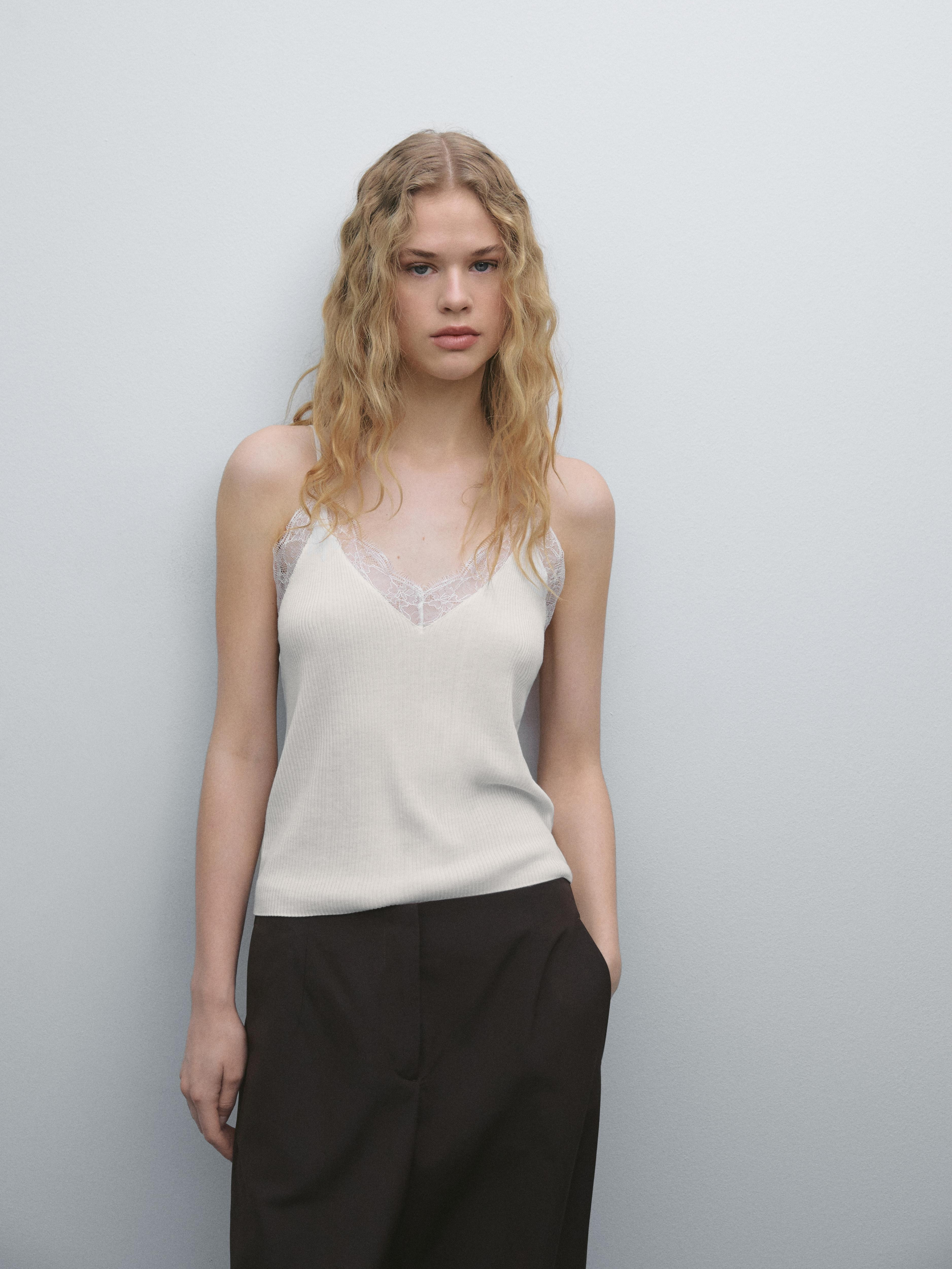 Lace-trimmed camisole top | Massimo Dutti UK