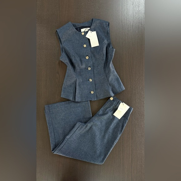 Tailored Sleeveless Button-Front Denim Vest & Wide-Leg Pants Set - Denim | Poshmark