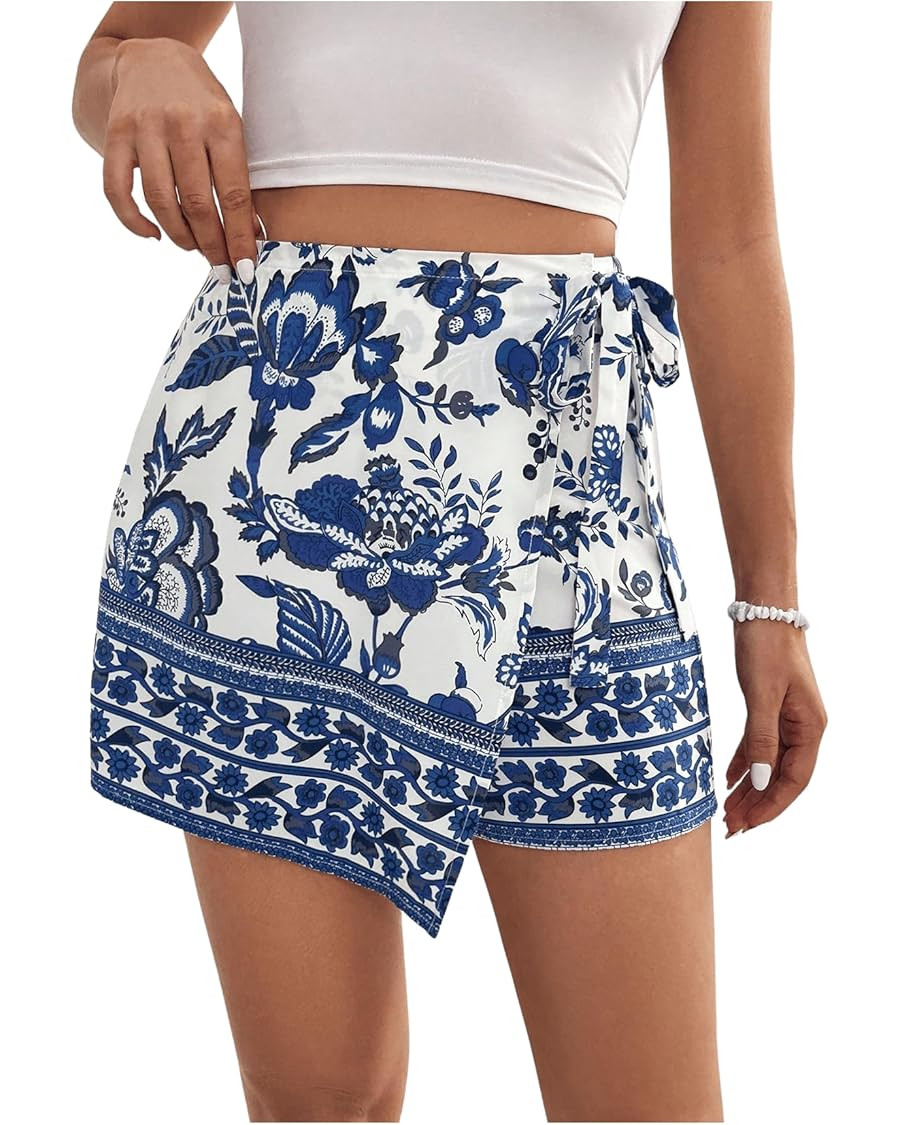 WDIRARA Women's Floral Print Asymmetrical Hem Tie Side Shorts High Waist Wrap Mini Skorts | Amazon (US)