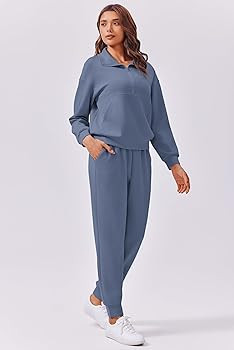 PINSPARK 2 Piece Sets for Women 2024 Fall Travel Outfits Long Sleeve Tracksuit Joggers Sets Half ... | Amazon (US)