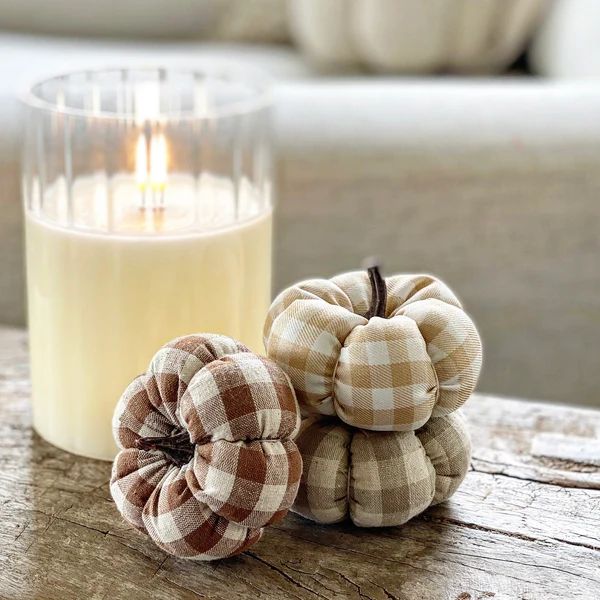 Mini Fabric Check Pumpkins with Resin Stem- Set of 3 | Interior Delights