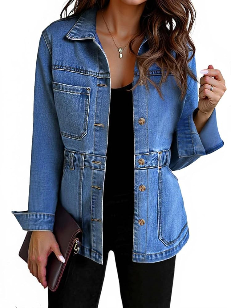 Tankaneo Denim Jacket for Women Distressed Jean Jacket Button Down Oversized Shacket with Pockets... | Amazon (US)