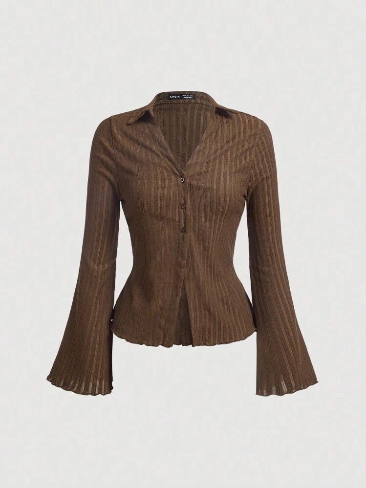 SHEIN MOD Brown Lettuce Trim Flare Sleeve Button Placket Tee Long Sleeve Women Shirts | SHEIN