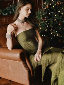 Anewsta Women's Elegant Rhinestone Fringe Strapless Waist Cinching Long Party Dress | SHEIN