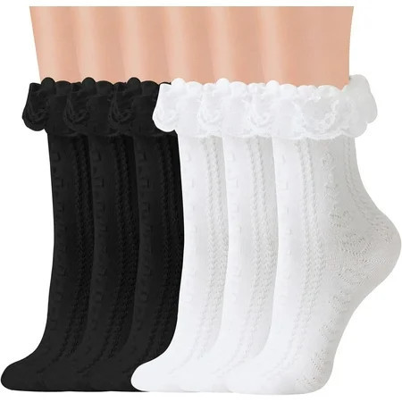Monebena 6 Pairs Womens Lace Ruffle Frilly Socks Crew Socks Cotton Cute Princess Ankle Dress Socks for Girl White Black Mesh Lace Trim Socks Lolita Socks Ankle High Socks for Women | Walmart (US)