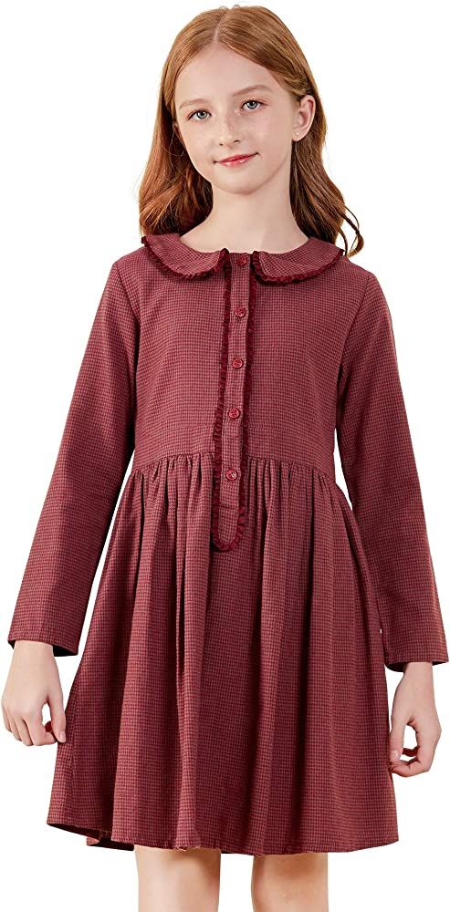 SOLOCOTE Girls Plaid Dress Cotton Casual Spring Long Sleeve Dresses Peter Pan Collar 3-14Y | Amazon (US)